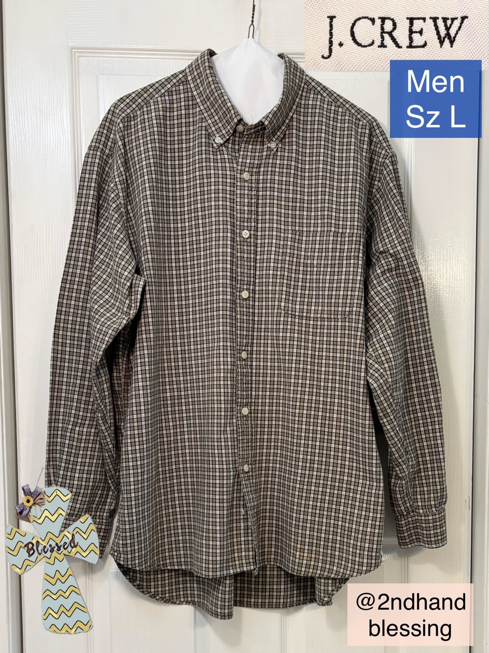 J.Crew Men’s Plaid Button-Down Shirt, Size L, Olive Green & Beige, 100% Cotton